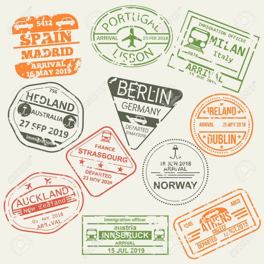 Set di timbri per passaporti isolati.